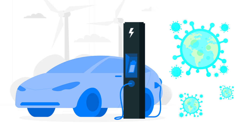 Illustration of an electirc vehile plugged to a charging station with illustrations of covid-19 virus floating in the air around it