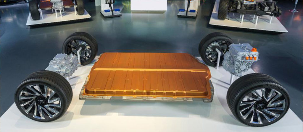 A bare car chassis exposing General Motors' (GM) Ultium Battery